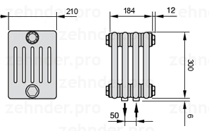 Схема (чертеж) Радиатор Zehnder Charleston 6030/4 №5410 Белый глянцевый RAL 9016